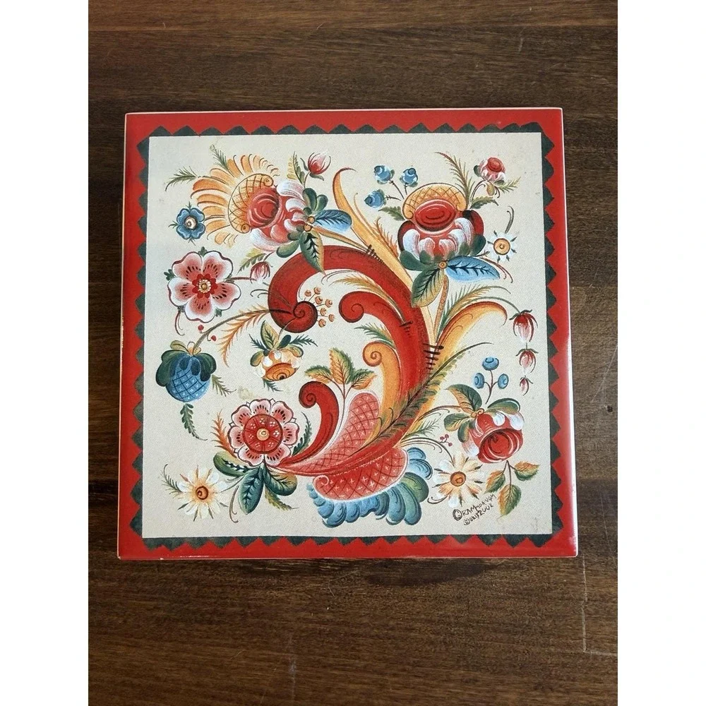 OS Rosemaling Gayle Oram Ceramic Trivet Wall Hanging Cork Backing
